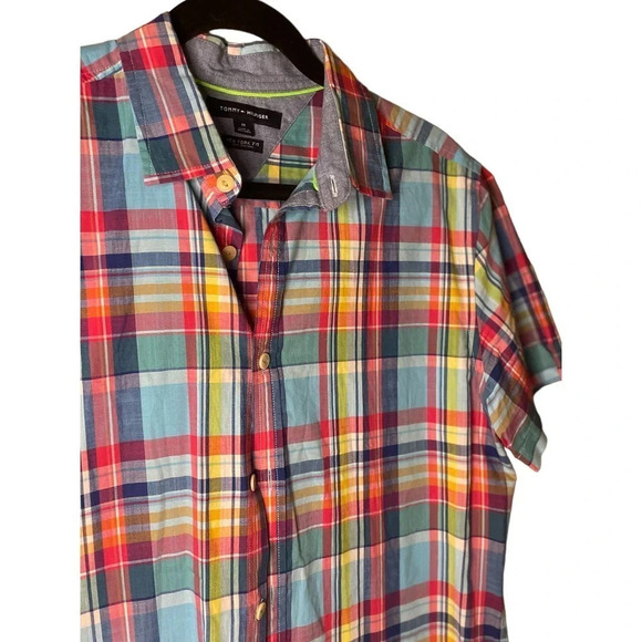 Tommy Hilfiger Men's Colorful Madras Plaid Size Medium Short Sleeve 100% Cotton - Picture 3 of 7